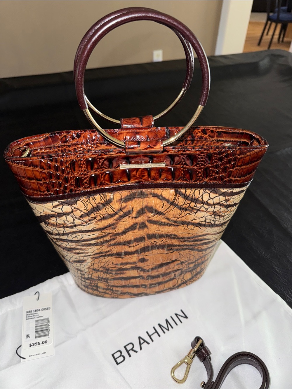 Brahmin Brown and Tan Croc-Embossed Ring-Handle Bucket Tote NEW Rare Find